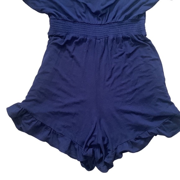 Tie Front Romper Ruffled Hem Navy with Pockets Size M - Picture 5 of 6